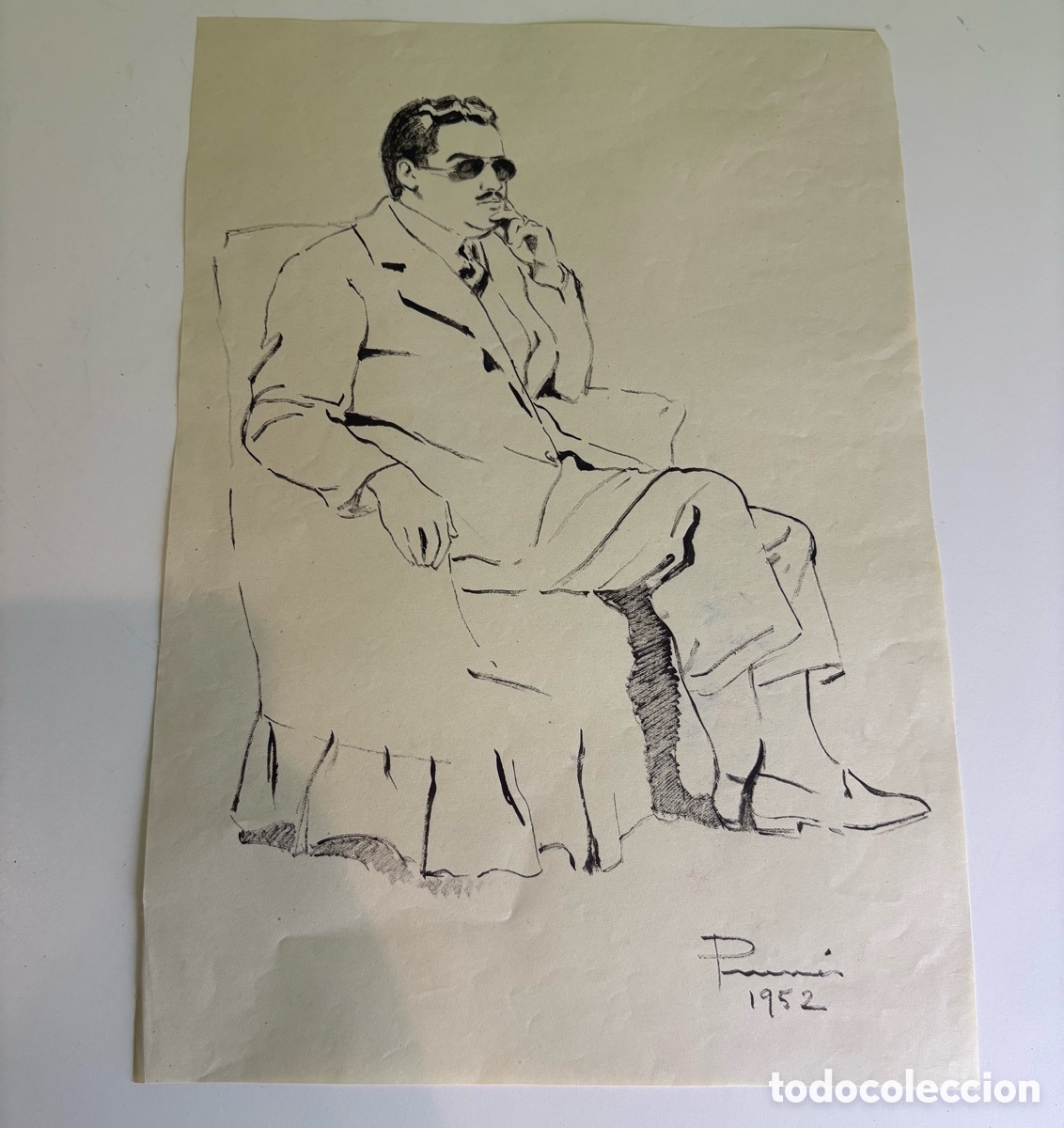 Arte: Carles Prun&eacute;s (1937-2017) &ndash; Dibujo original firmado y fechado 1952 sobre papel &ndash; Retrato masculino
