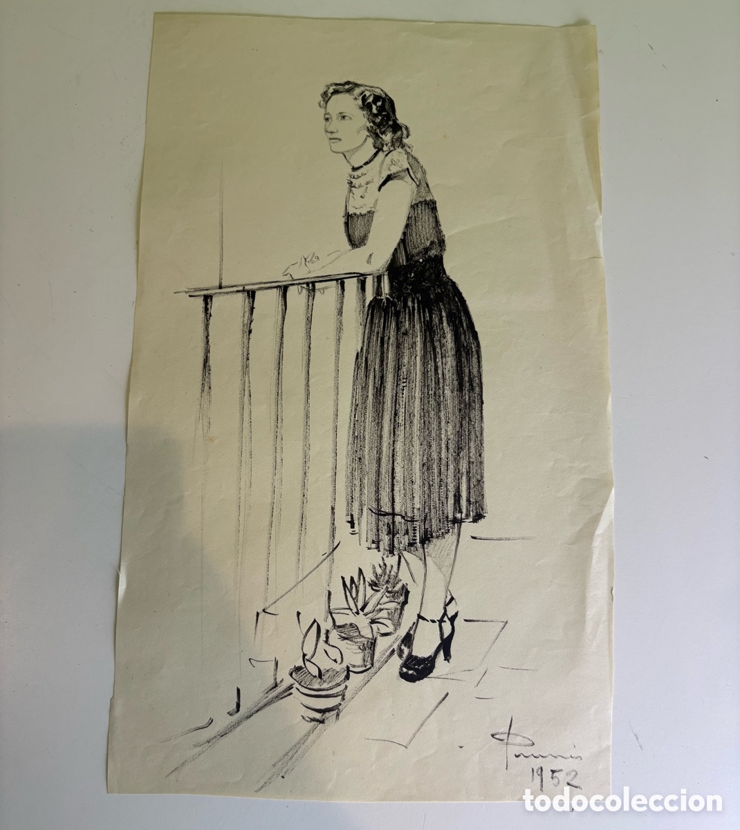 Arte: Carles Prun&eacute;s (1937-2017) &ndash; Dibujo original firmado y fechado 1952 sobre papel