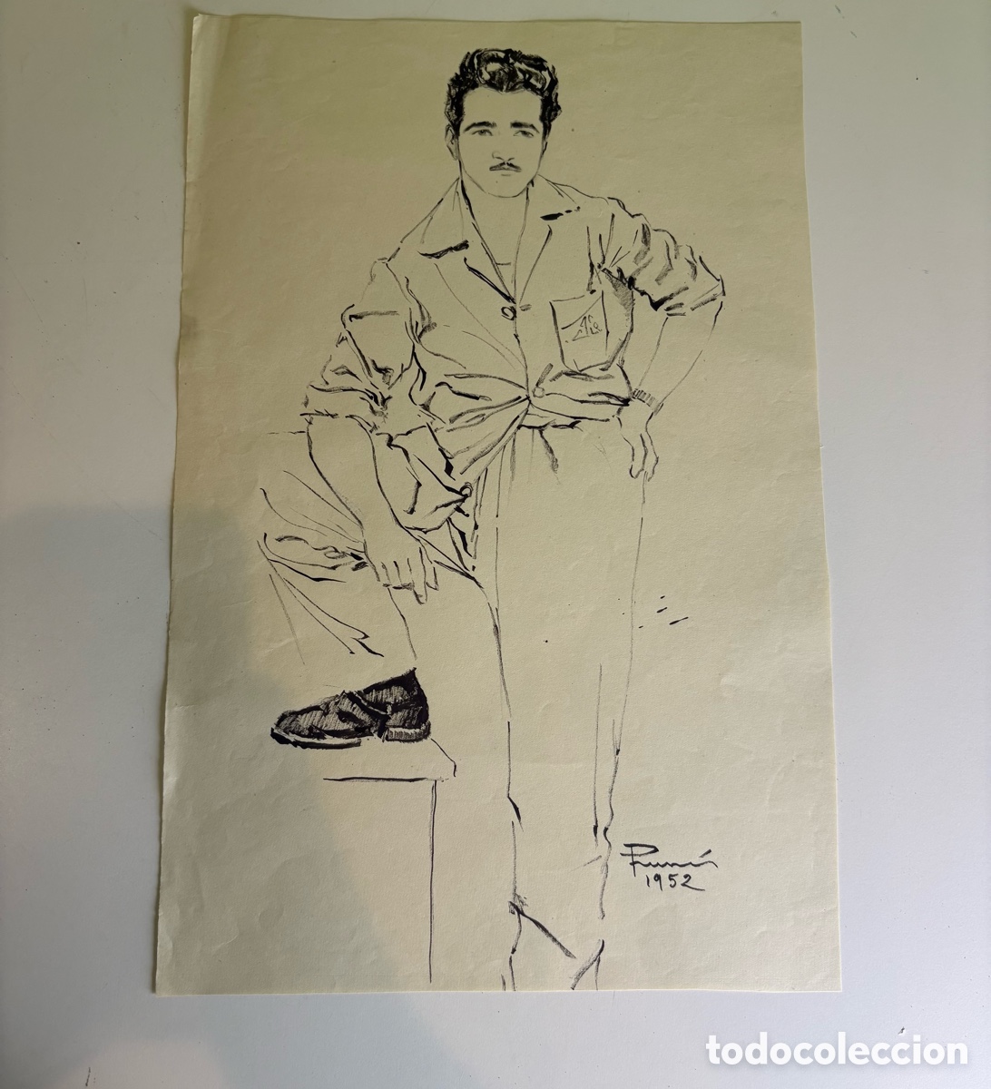 Arte: Carles Prun&eacute;s (1937-2017) &ndash; Dibujo original sobre papel &ndash; Retrato de joven de pie (1952)