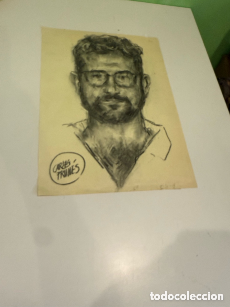 Arte: Carles Prun&eacute;s (1937-2017) &ndash; Retrato masculino con gafas. Dibujo original sobre papel. 42 &times; 40 cm