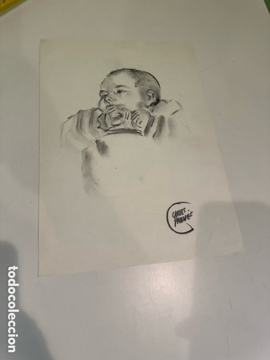 Arte: Carles Prun&eacute;s (1937-2017) &ndash; Dibujo original sobre papel. Retrato de beb&eacute;.