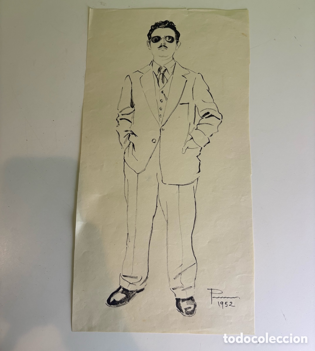 Arte: Carles Prun&eacute;s (1937-2017) &ndash; Dibujo original sobre papel &ndash; Retrato masculino con gafas (1952)