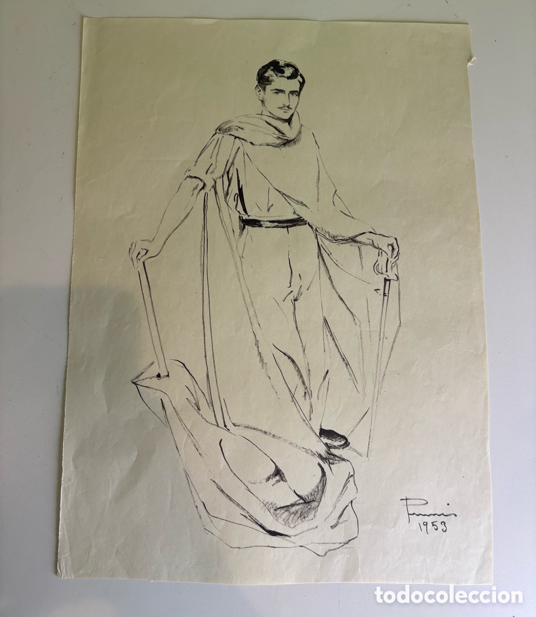 Arte: Carles Prun&eacute;s (1937-2017) &ndash; Dibujo original sobre papel &ndash; Estudio de figura con tela (1953)