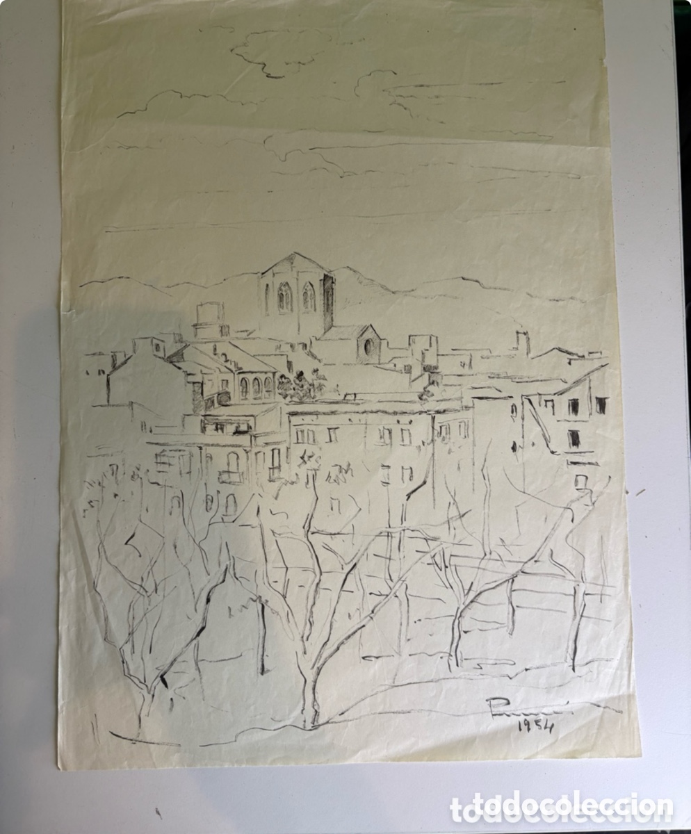 Arte: Carles Prun&eacute;s (1937-2017) &ndash; Dibujo original sobre papel &ndash; Vista urbana, firmado y fechado 1954