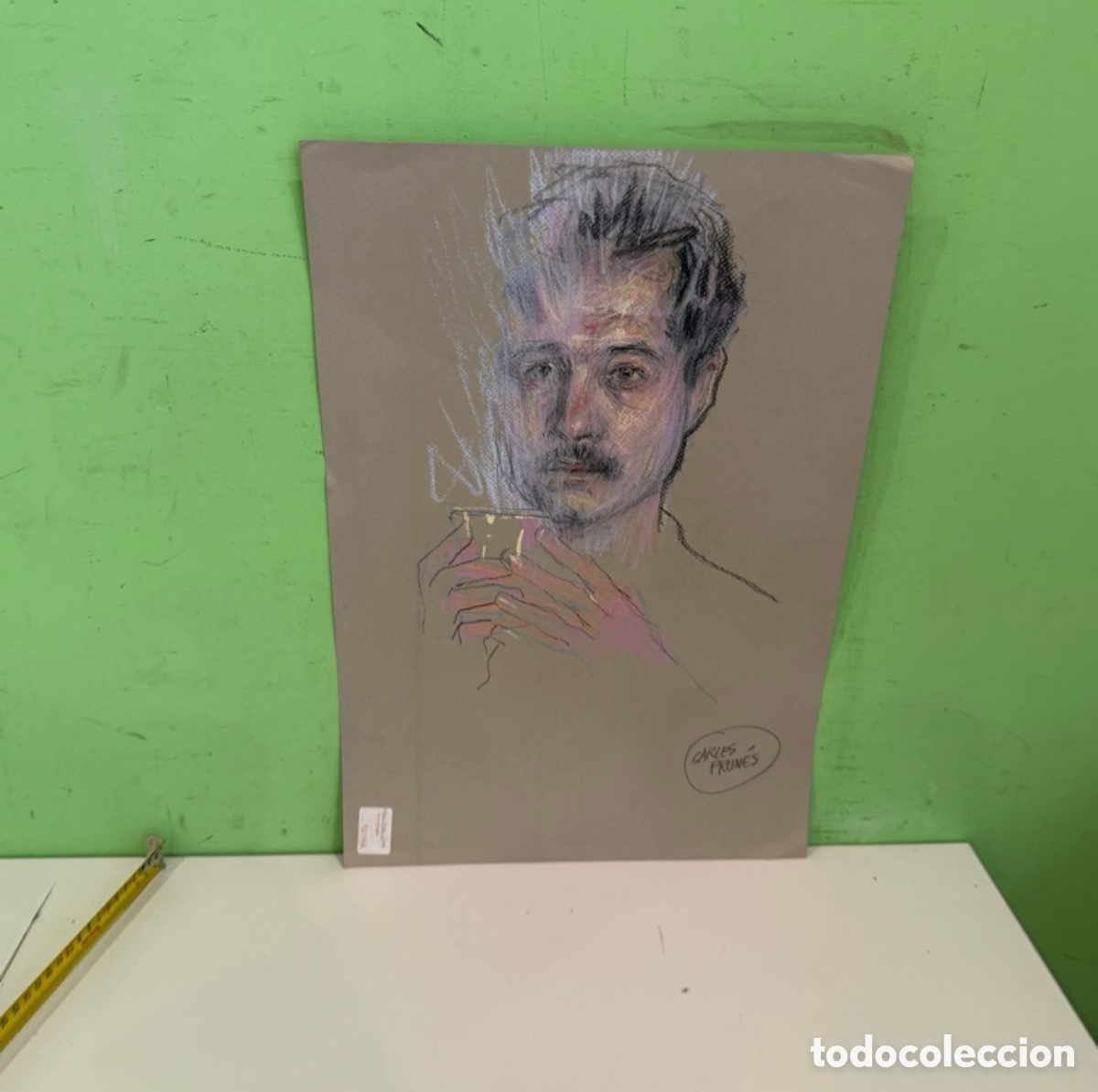 Arte: Carles Prun&eacute;s (1937-2017) &ndash; Retrato expresionista original con taza, t&eacute;cnica mixta sobre papel,