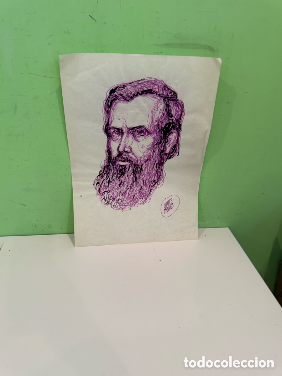Arte: Carles Prun&eacute;s (1937-2017) &ndash; Retrato masculino con barba, dibujo original firmado sobre papel