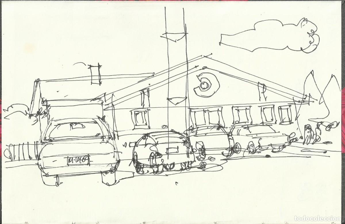 Arte: Carlos Enrique Lencinas G&oacute;mez. Tinta sobre papel. &rdquo;Apunte: casa y coches&rdquo;. Sin firmar. 15x23 cm.