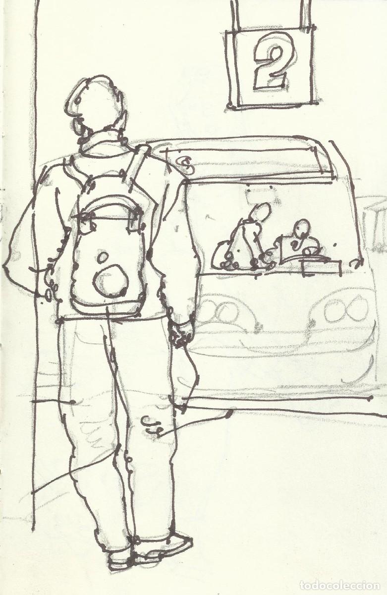 Arte: Carlos Enrique Lencinas G&oacute;mez. Tinta sobre papel. &rdquo;Apunte: Pasajero y autob&uacute;s&rdquo;. Sin firmar.