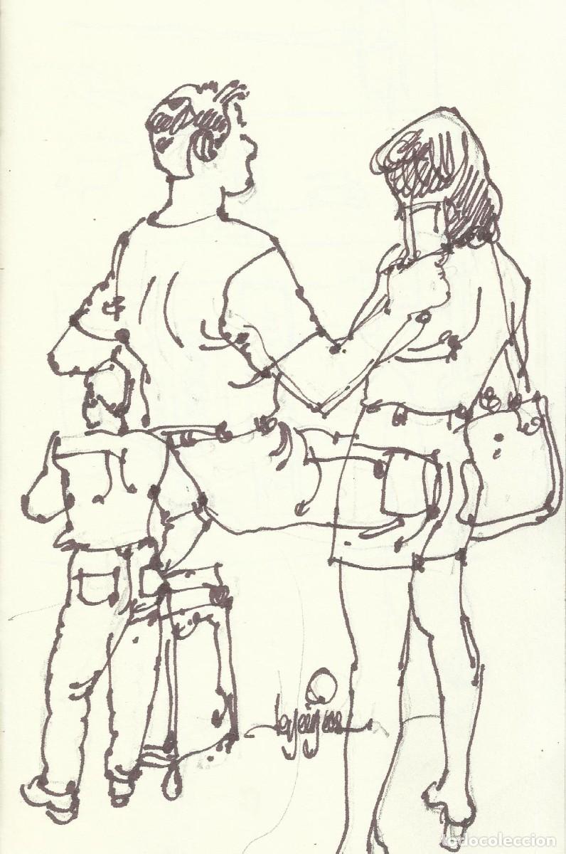 Arte: Carlos Enrique Lencinas G&oacute;mez. Tinta sobre papel. &rdquo;Apunte: Pareja y hombre&rdquo;. Firmada a mano.