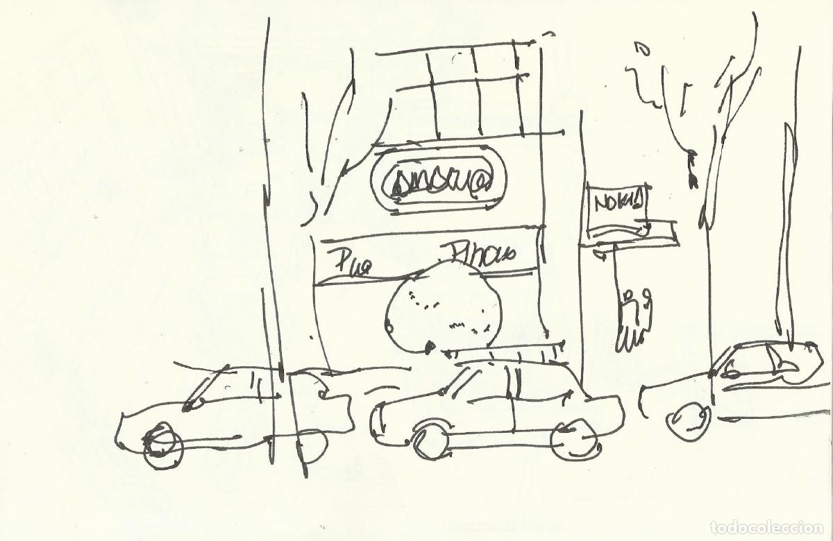 Arte: Carlos Enrique Lencinas G&oacute;mez. Tinta sobre papel. &rdquo;Apunte: Coches y pub&rdquo;. Sin firmar.