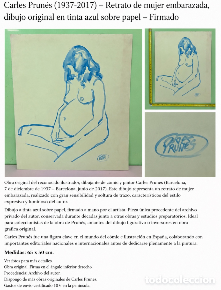 Arte: Carles Prun&eacute;s (1937-2017) &ndash; Retrato de mujer embarazada, dibujo sobre papel firmado (65 x 50 cm)