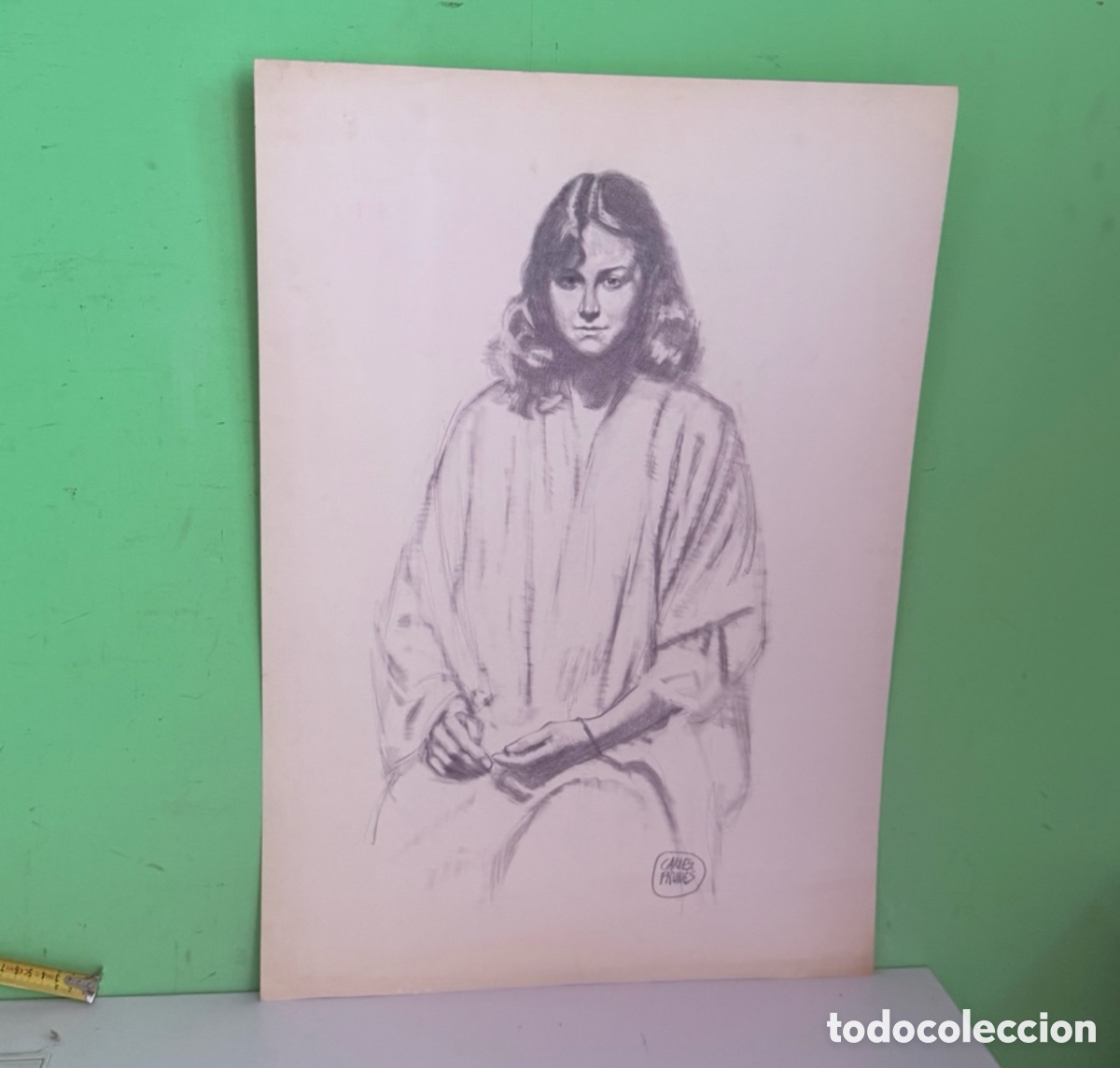 Arte: Carles Prun&eacute;s (1937-2017) &ndash; Retrato femenino, dibujo original sobre papel firmado (70 x 48 cm)