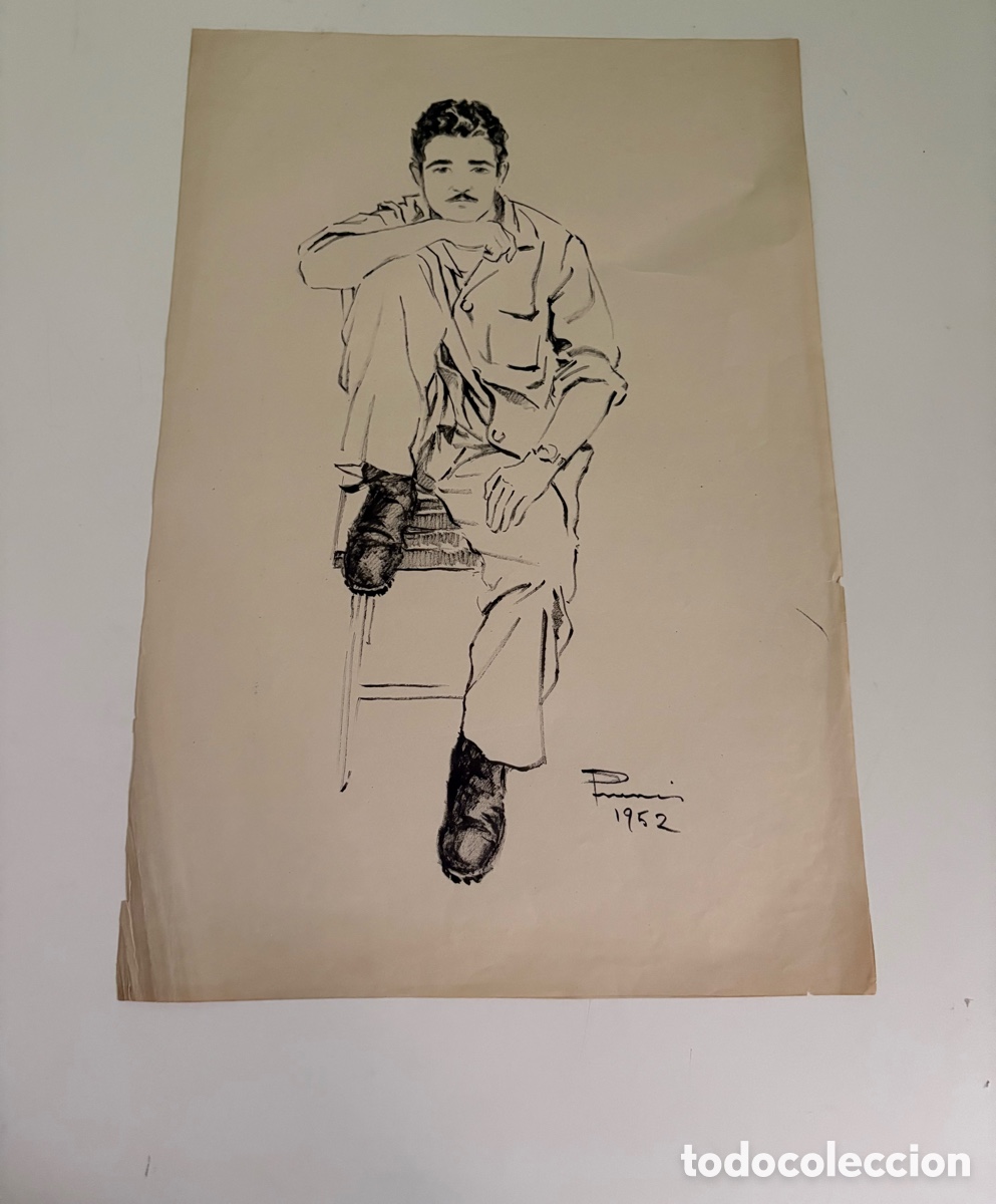 Arte: Carles Prun&eacute;s (1937-2017) &ndash; Dibujo sobre papel, retrato masculino sentado, firmado 1952