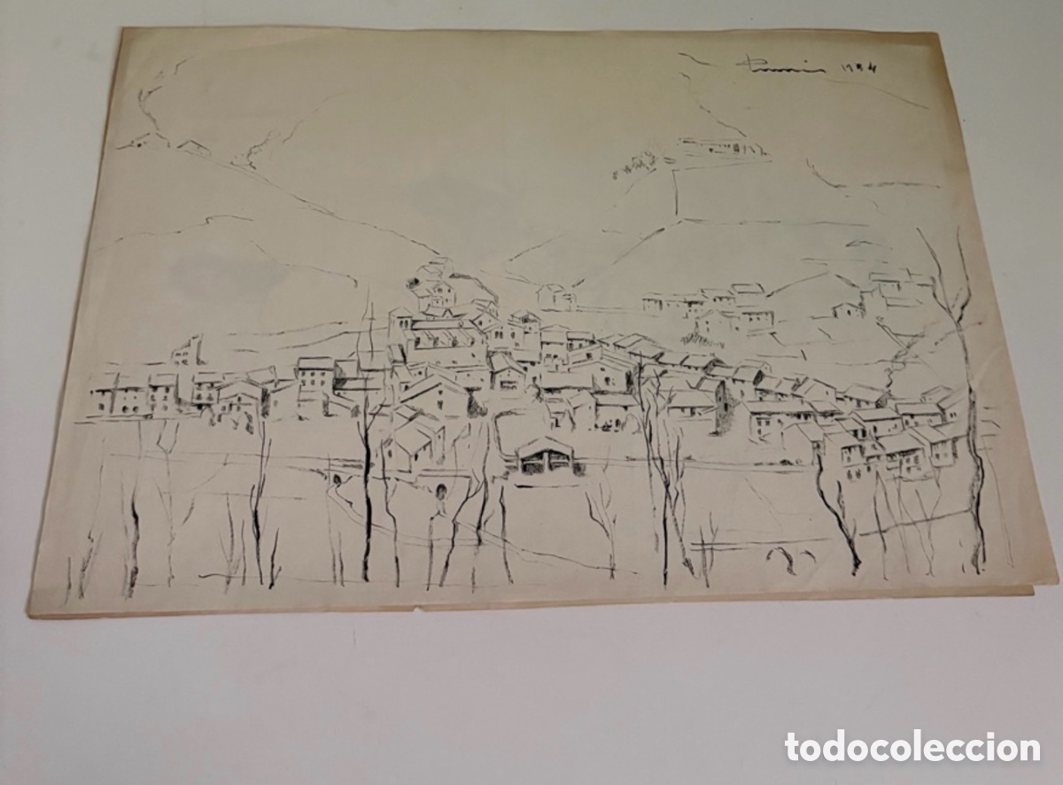Arte: Carles Prun&eacute;s (1937-2017) &ndash; Dibujo sobre papel, paisaje de pueblo, firmado 1954