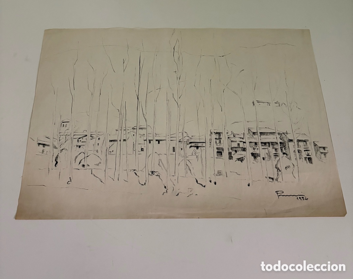 Arte: Carles Prun&eacute;s (1937-2017) &ndash; Dibujo sobre papel, paisaje urbano entre &aacute;rboles, firmado 1954