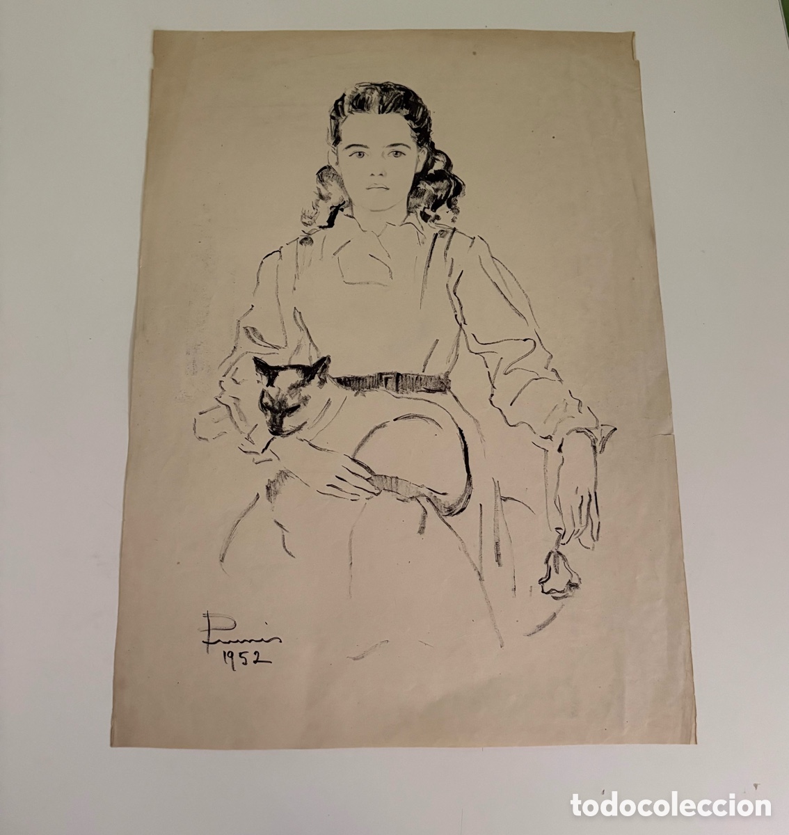 Arte: Carles Prun&eacute;s (1937-2017) &ndash; Dibujo sobre papel, retrato femenino con gato, firmado 1952