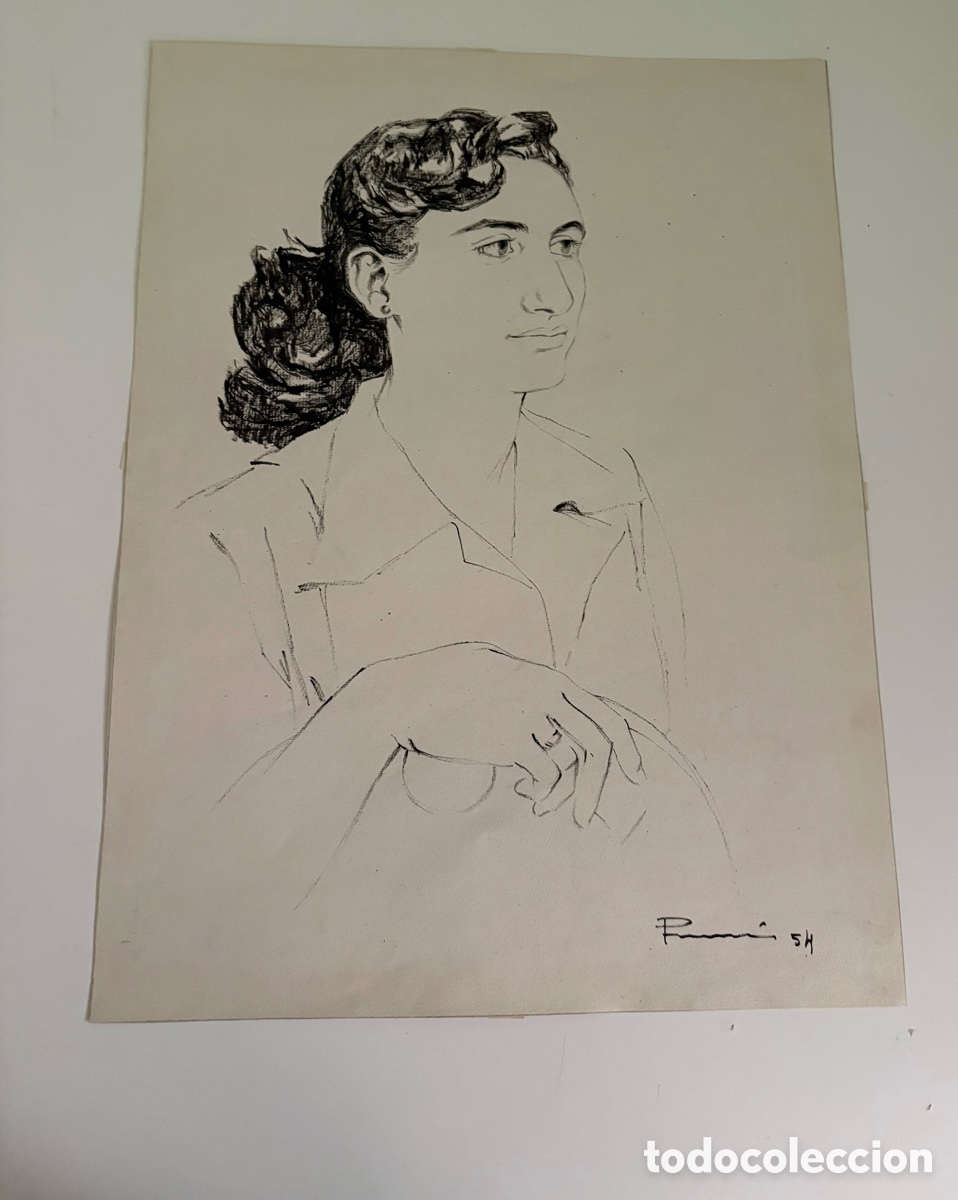 Arte: Carles Prun&eacute;s (1937-2017) &ndash; Dibujo sobre papel, retrato femenino, firmado 1954