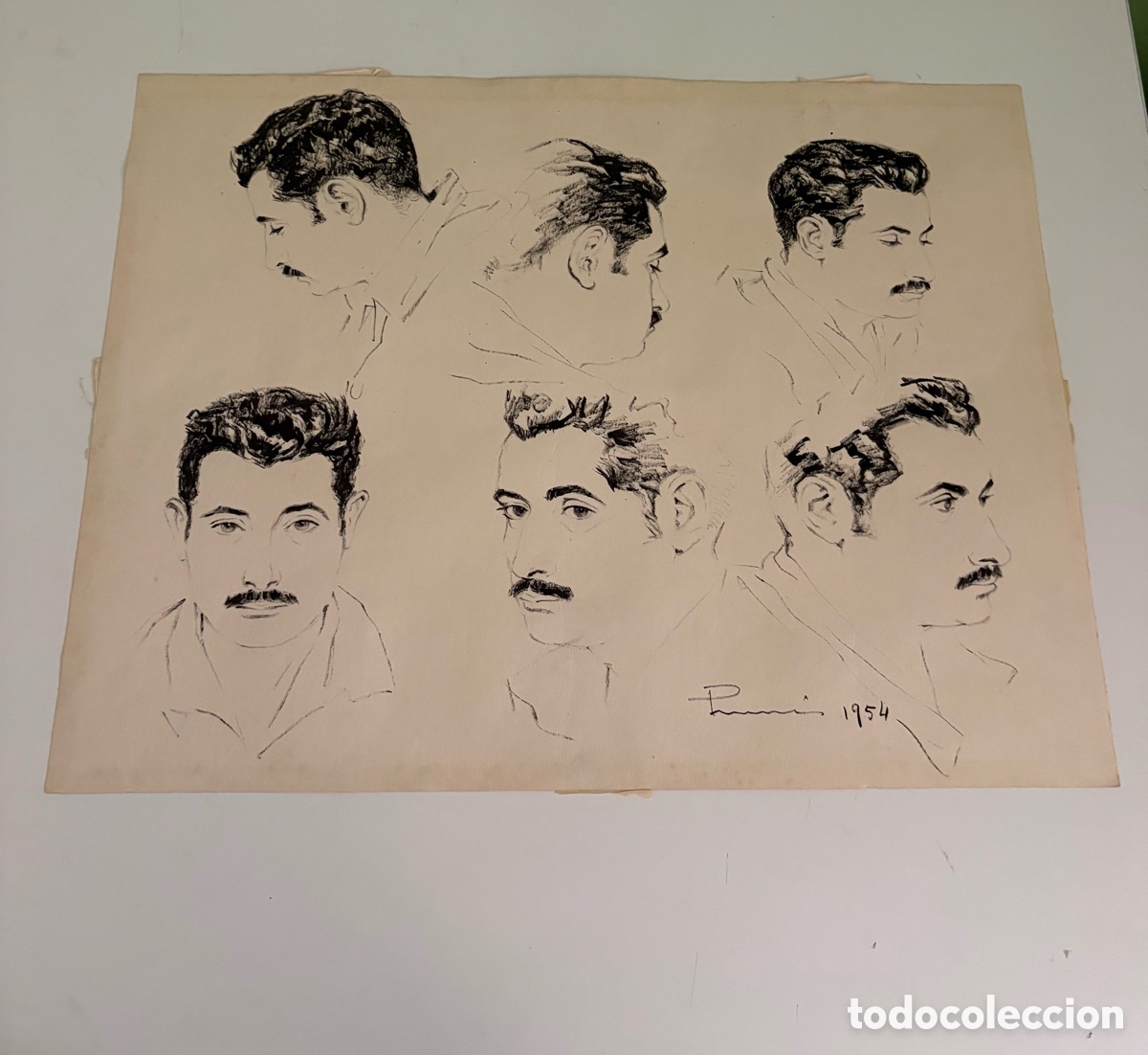Arte: Carles Prun&eacute;s (1937-2017) &ndash; Dibujo sobre papel, estudio de retratos masculinos, firmado 1954