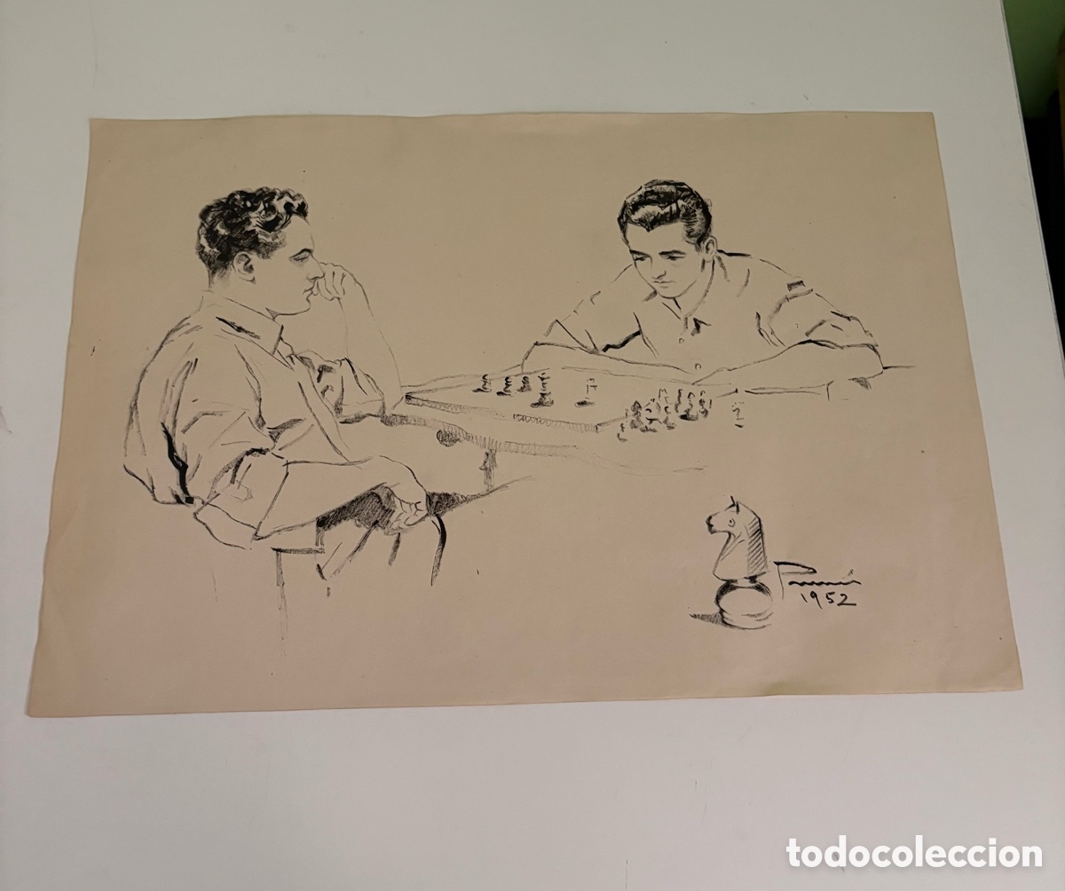 Arte: Carles Prun&eacute;s (1937-2017) &ndash; Dibujo sobre papel, partida de ajedrez, firmado 1952