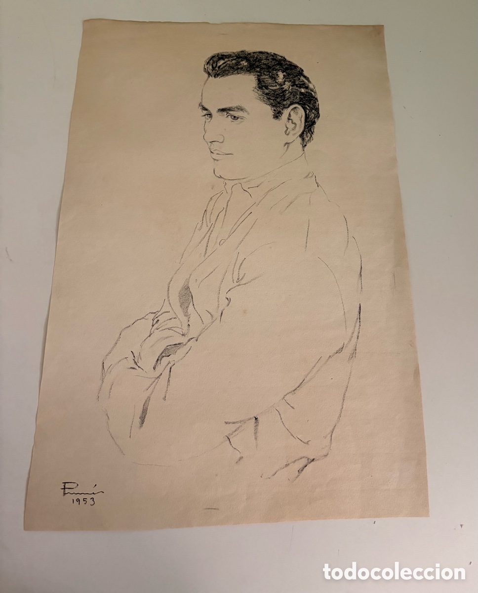 Arte: Carles Prun&eacute;s (1937-2017) &ndash; Dibujo sobre papel, retrato masculino de perfil, firmado 1953