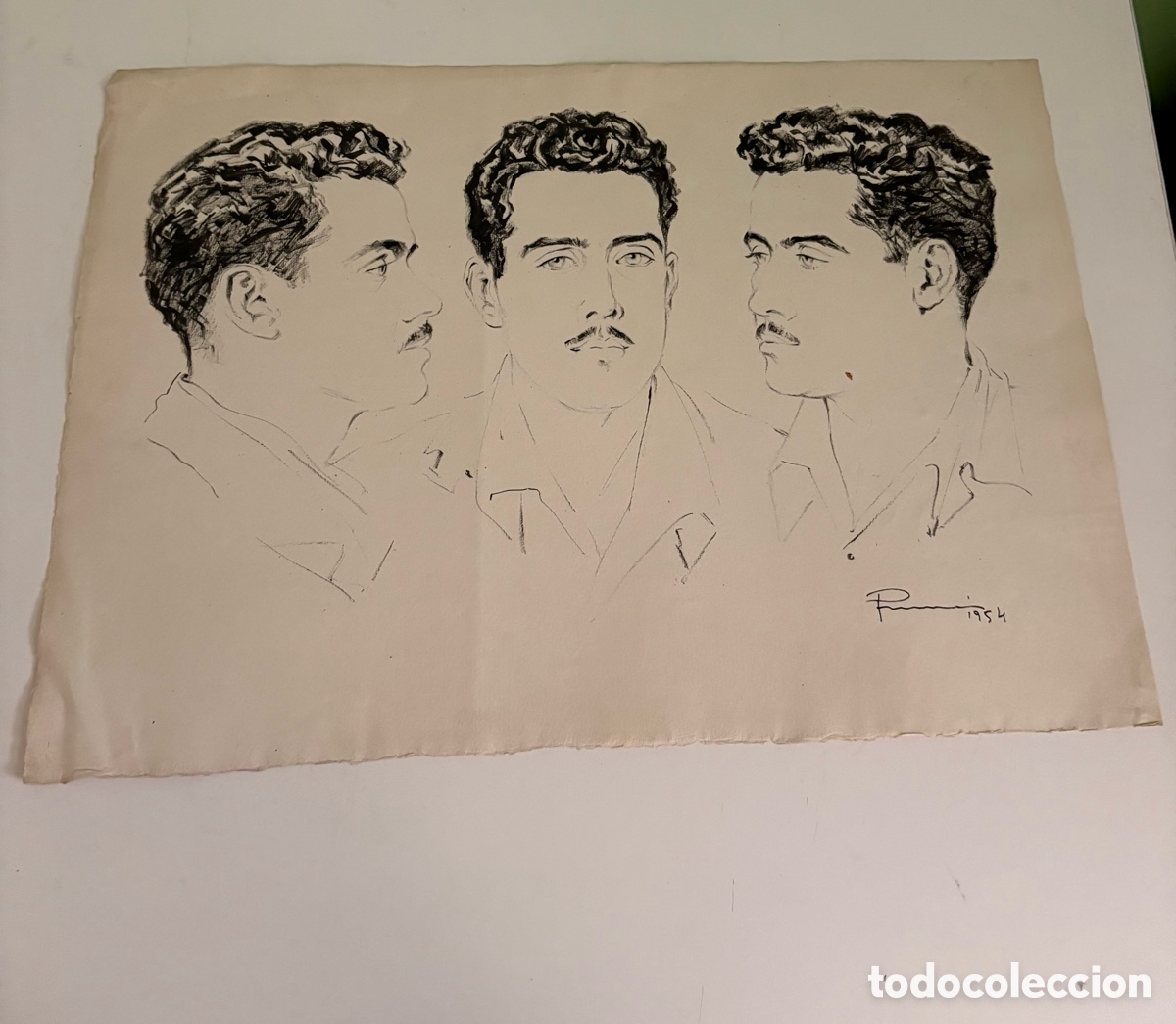 Arte: Carles Prun&eacute;s (1937-2017) &ndash; Dibujo sobre papel, estudio de tres retratos masculinos, firmado 1954