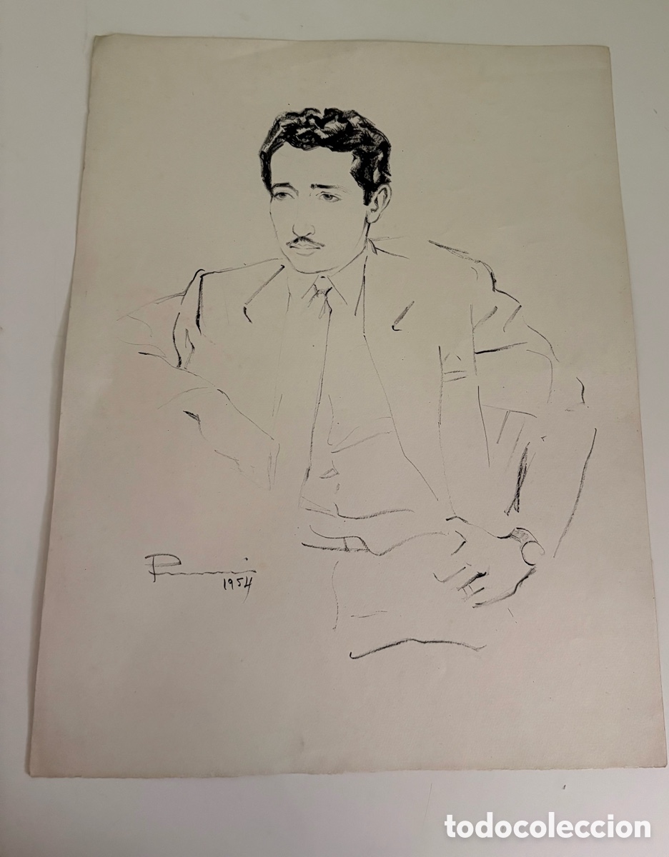 Arte: Carles Prun&eacute;s (1937-2017) &ndash; Dibujo sobre papel, retrato masculino sentado, firmado 1954