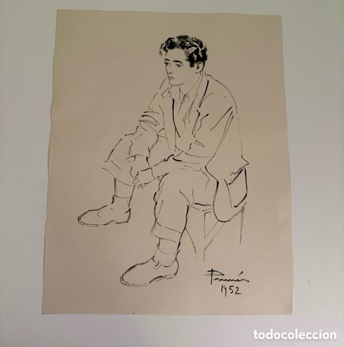 Arte: Carles Prun&eacute;s (1937-2017) &ndash; Dibujo sobre papel, figura masculina sentada, firmado 1952