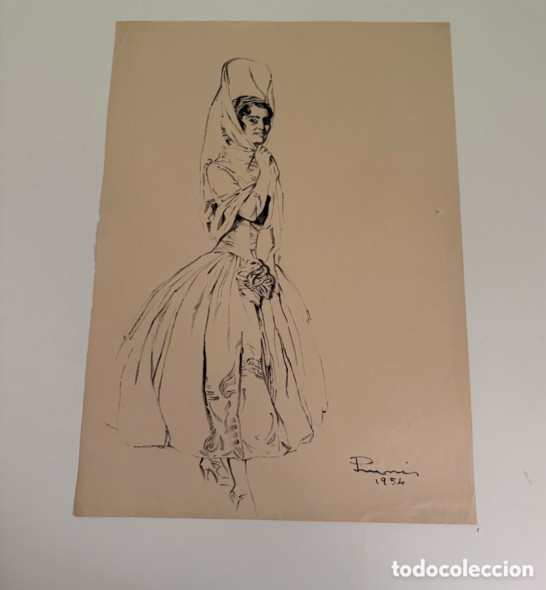 Arte: Carles Prun&eacute;s (1937-2017) &ndash; Dibujo sobre papel, dama con mantilla, firmado 1954