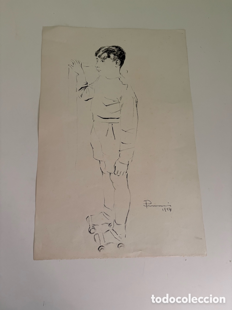 Arte: Carles Prun&eacute;s (1937-2017) &ndash; Dibujo sobre papel, estudio de ni&ntilde;o con patinete, firmado 1954