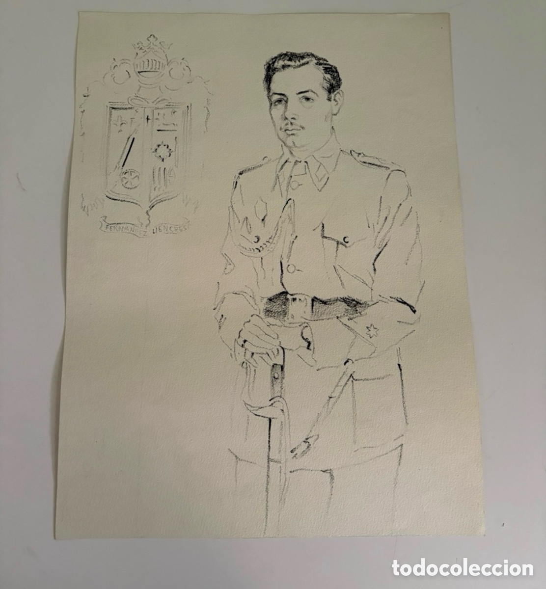 Arte: Carles Prun&eacute;s (1937-2017) &ndash; Dibujo sobre papel, retrato de militar con escudo her&aacute;ldico