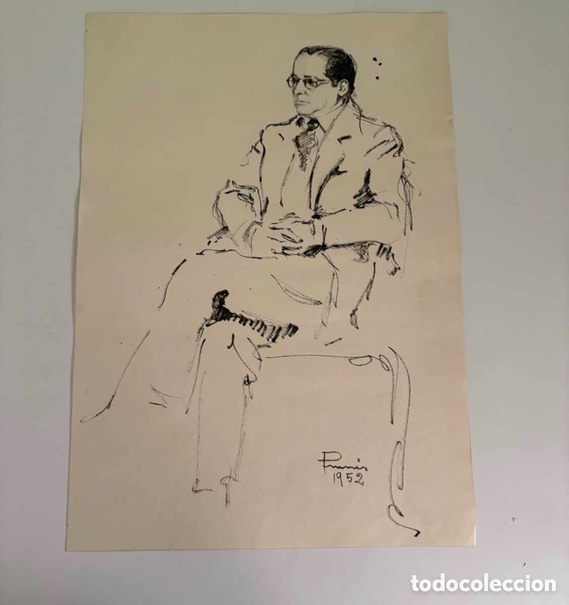 Arte: Carles Prun&eacute;s (1937-2017) &ndash; Dibujo sobre papel, retrato masculino sentado firmado (1952)
