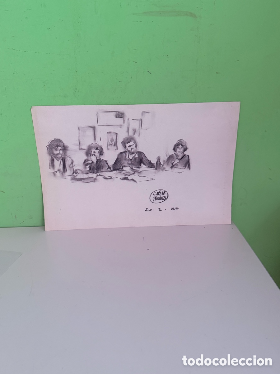 Arte: Carles Prun&eacute;s (1937-2017) &ndash; Dibujo sobre papel, reuni&oacute;n de figuras firmado (20-2-1980)