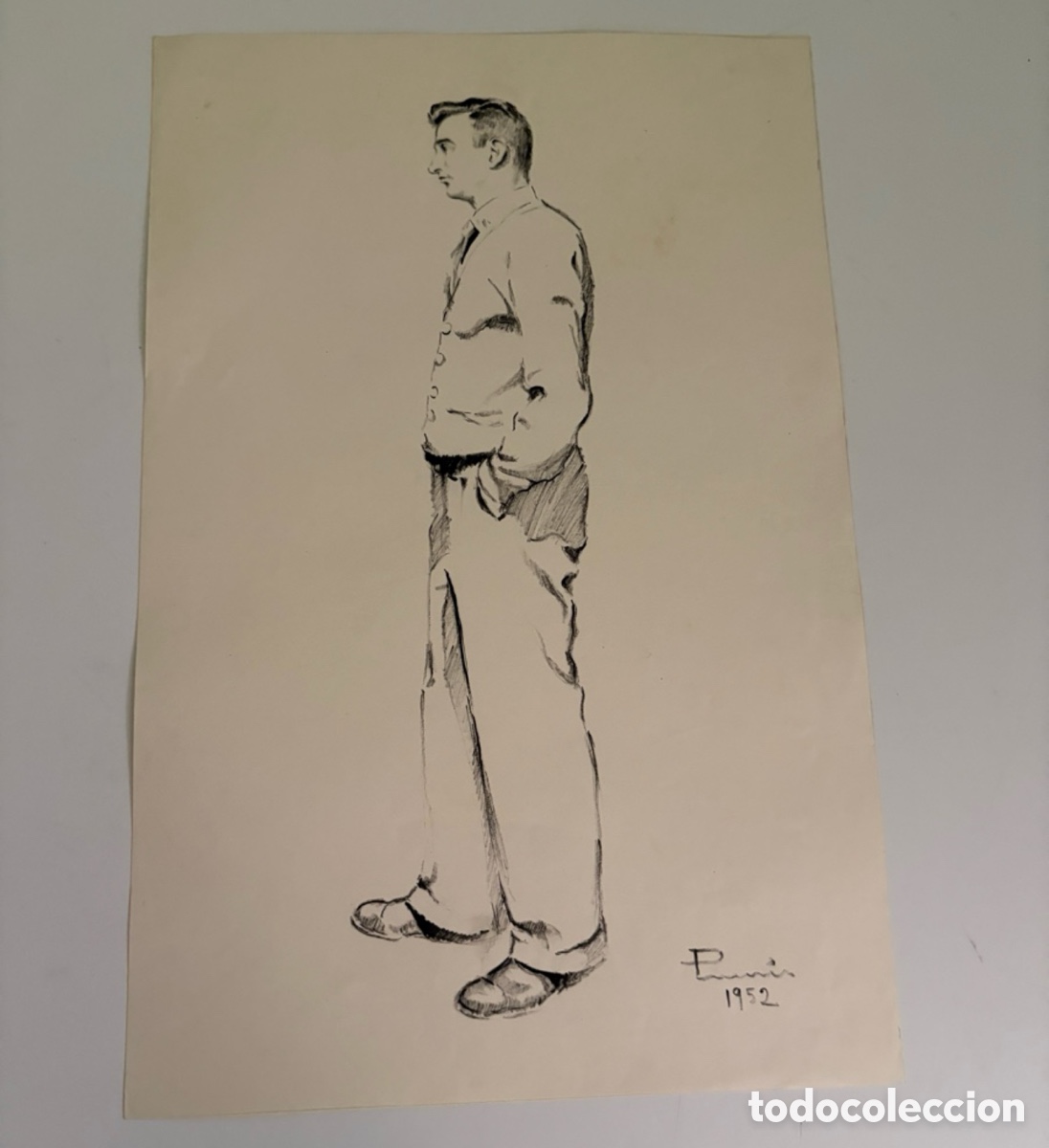 Arte: Carles Prun&eacute;s (1937-2017) &ndash; Dibujo sobre papel, estudio de figura masculina de perfil firmado (1952)