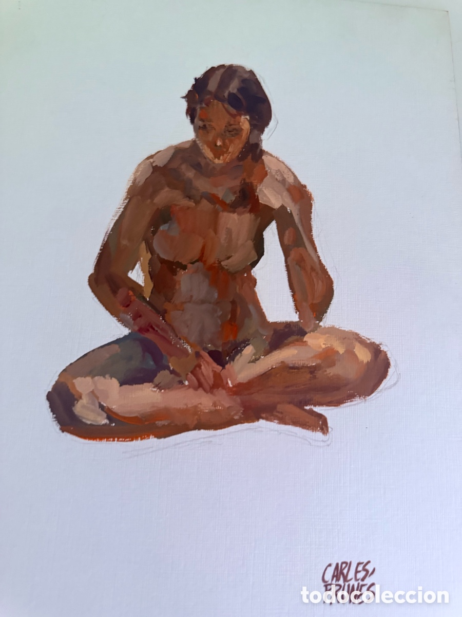 Arte: Carles Prun&eacute;s (1937-2017) &ndash; &Oacute;leo sobre papel, desnudo femenino sentado firmado (25 x 35 cm)