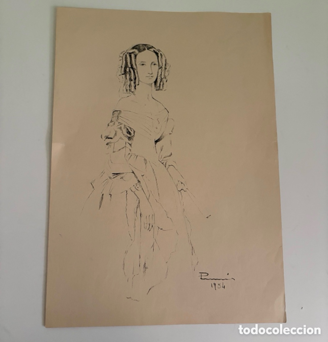 Arte: Carles Prun&eacute;s (1937-2017) &ndash; Dibujo sobre papel, retrato femenino de &eacute;poca firmado (1954)