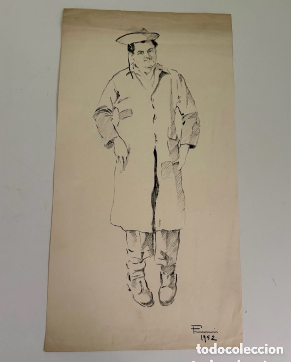 Arte: Carles Prun&eacute;s (1937-2017) &ndash; Dibujo sobre papel, figura masculina de cuerpo entero firmada (1952)