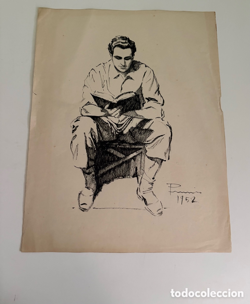 Arte: Carles Prun&eacute;s (1937-2017) &ndash; Dibujo sobre papel, joven lector firmado (1952)