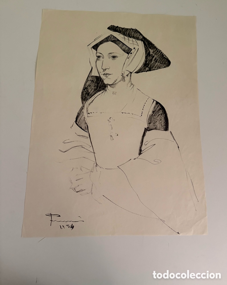 Arte: Carles Prun&eacute;s (1937-2017) &ndash; Dibujo sobre papel, dama renacentista firmada (1954)