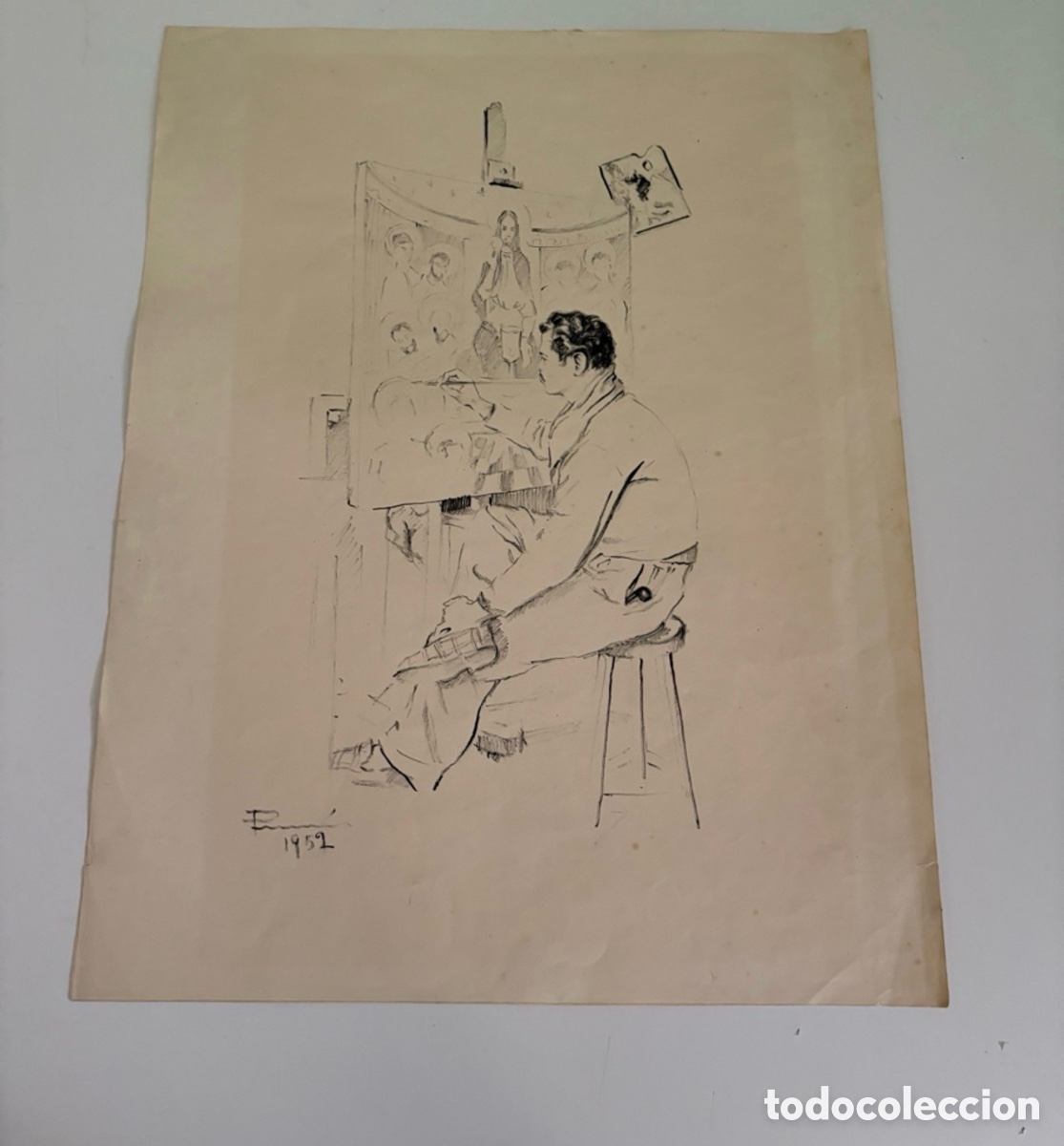 Arte: Carles Prun&eacute;s (1937-2017) &ndash; Dibujo sobre papel, pintor en su estudio firmado (1952)
