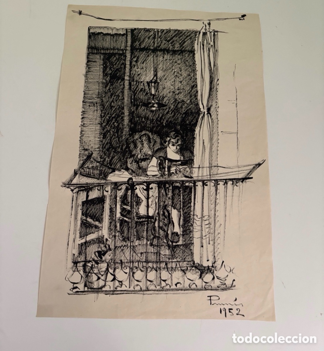Arte: Carles Prun&eacute;s (1937-2017) &ndash; Dibujo sobre papel, escena de balc&oacute;n interior (1952)