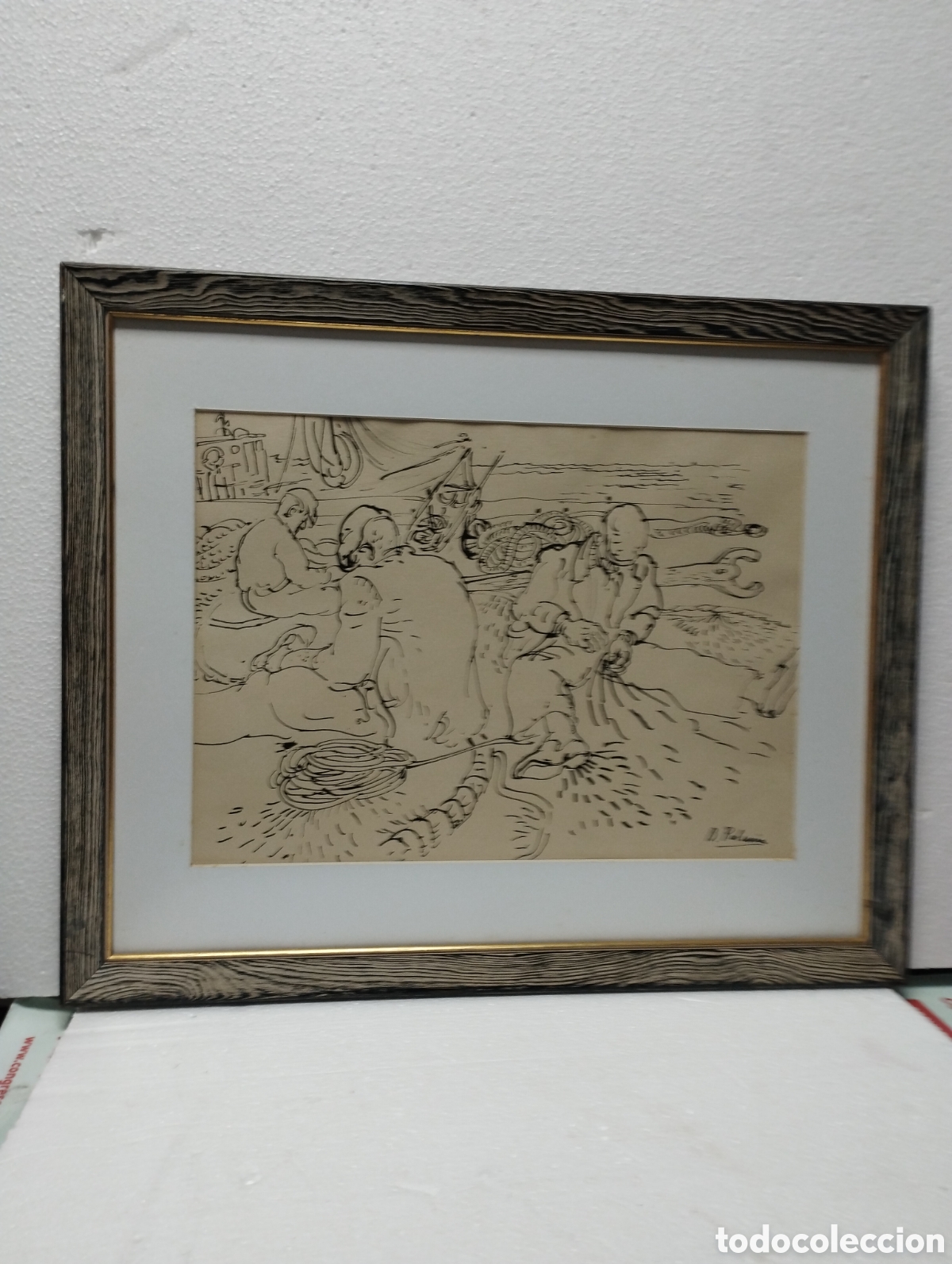 Arte: TINTA SOBRE PAPEL, PESCADORES OBRA ORIGINAL DE BENJAMIN PALENCIA, MED. DIBUJO 31X42 CM.