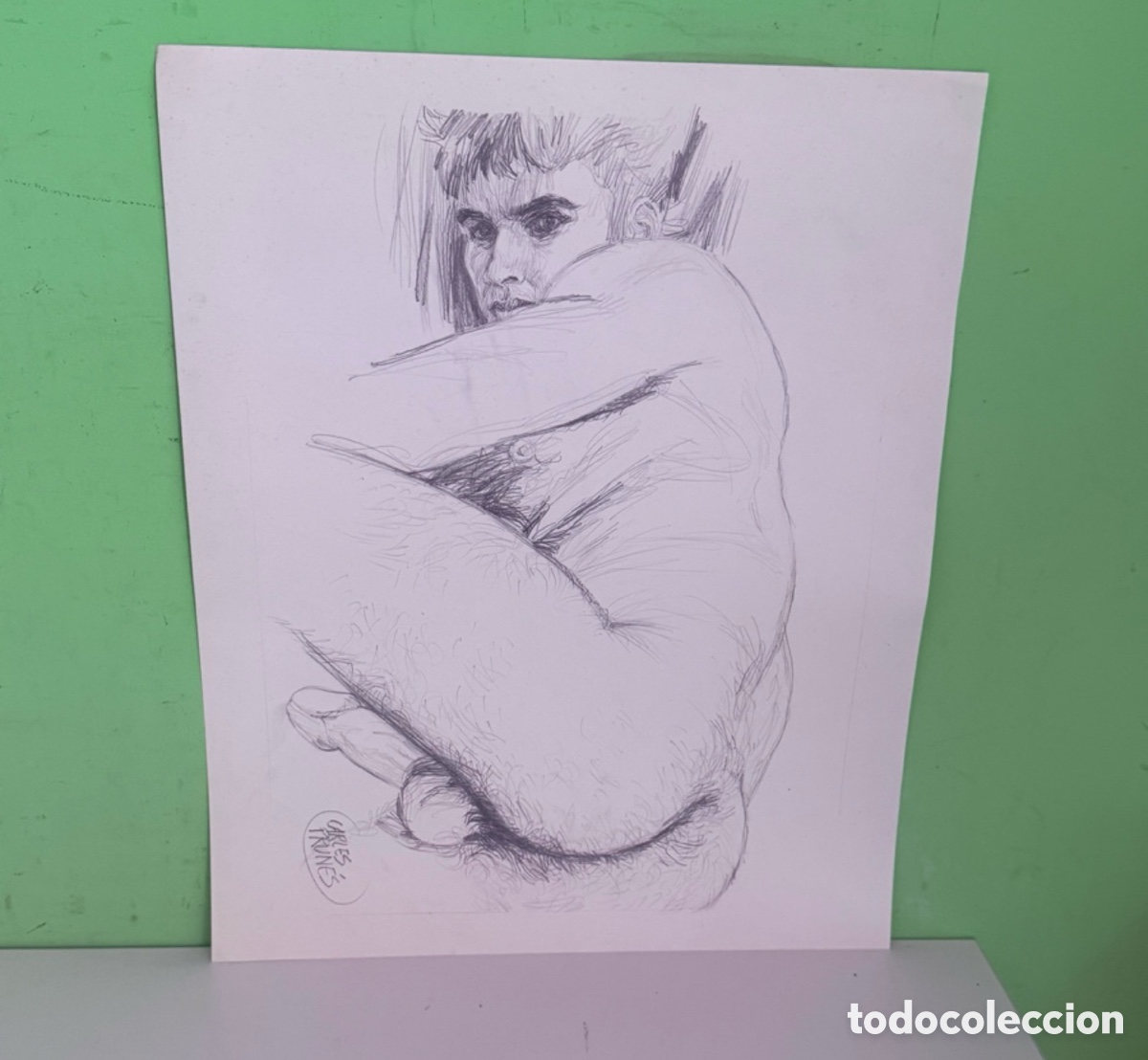 Arte: Carles Prun&eacute;s (1937-2017) &ndash; Desnudo masculino sentado, dibujo sobre papel (51 &times; 41 cm) firmado .