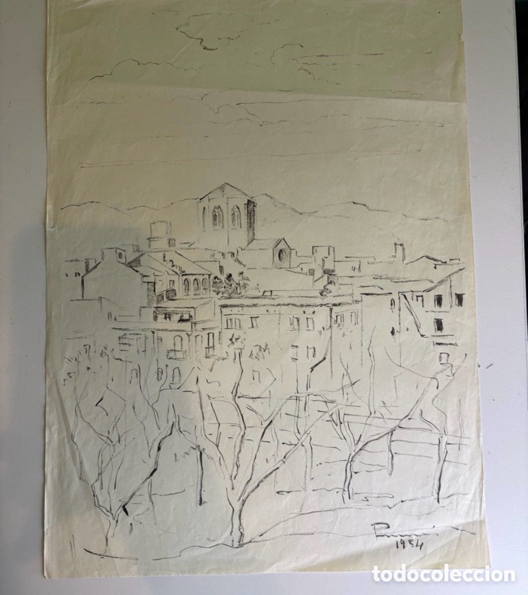 Arte: Carles Prun&eacute;s (1937-2017) &ndash; Dibujo sobre papel, vista urbana con iglesia, firmado y fechado 1954