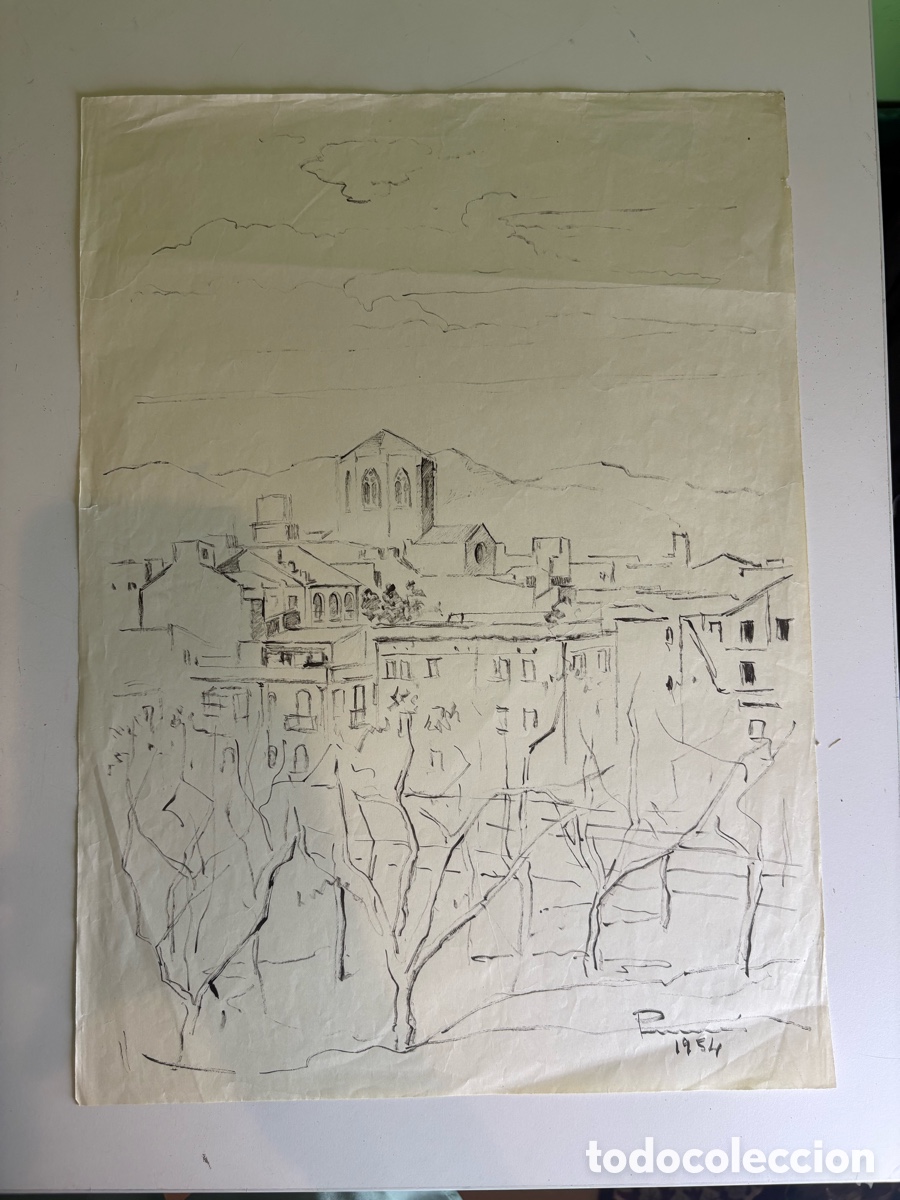 Arte: Carles Prun&eacute;s (1937-2017) &ndash; Dibujo sobre papel, vista urbana con iglesia, firmado y fechado 1954