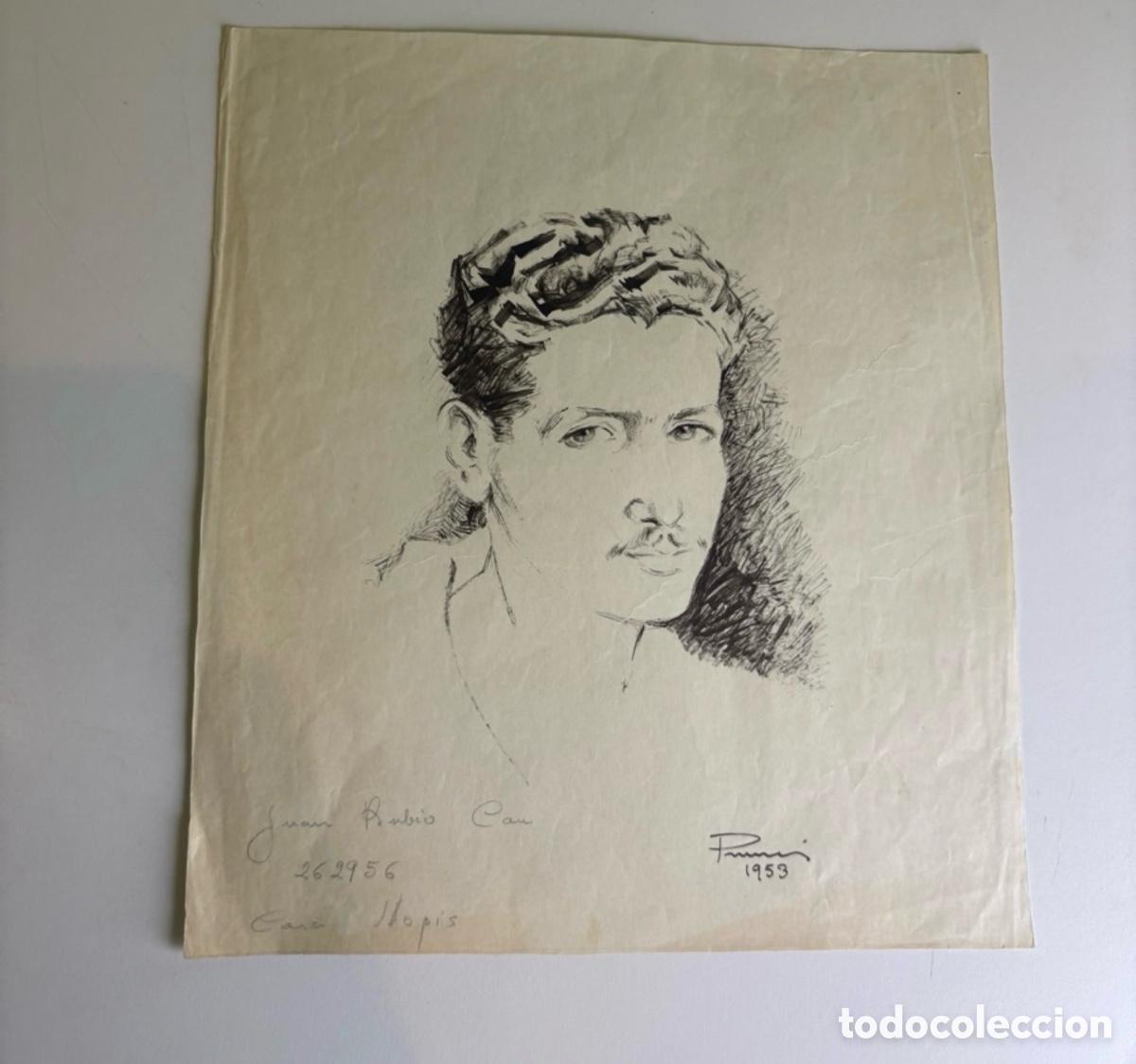 Arte: Carles Prun&eacute;s (1937-2017) &ndash; Dibujo sobre papel, retrato masculino, firmado y fechado 1953