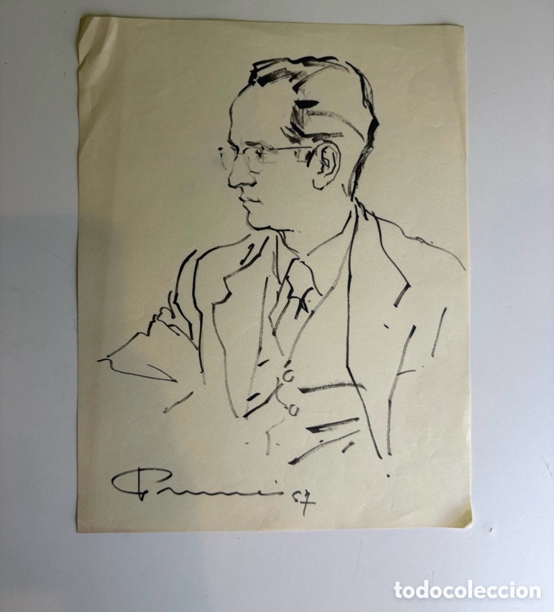 Arte: Carles Prun&eacute;s (1937-2017) &ndash; Dibujo sobre papel, retrato masculino de perfil, firmado y fechado 1957