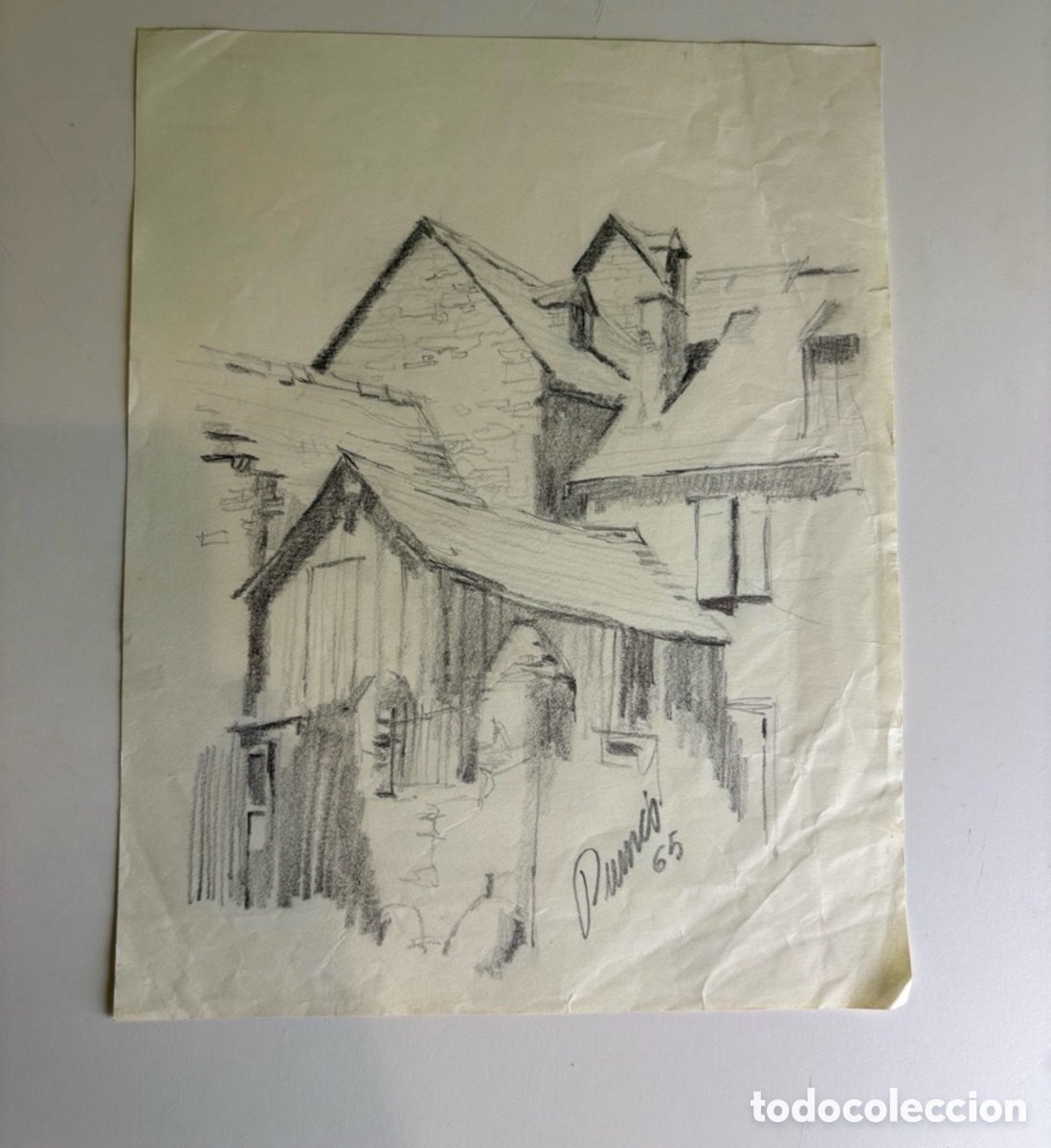 Arte: Carles Prun&eacute;s (1937-2017) &ndash; Dibujo sobre papel, arquitectura popular firmado 1965