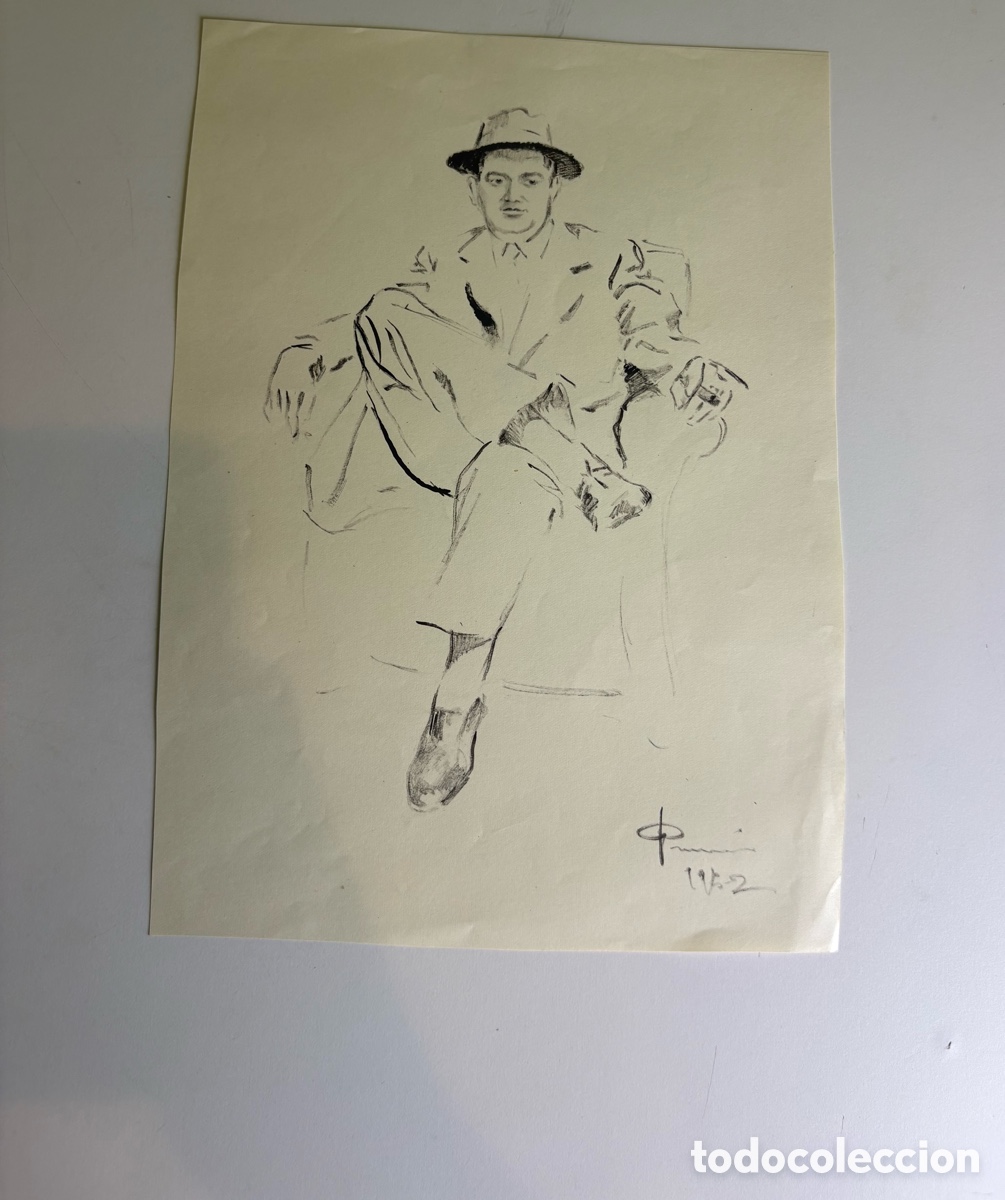 Arte: Carles Prun&eacute;s (1937-2017) &ndash; Dibujo sobre papel, retrato masculino sentado firmado 1952