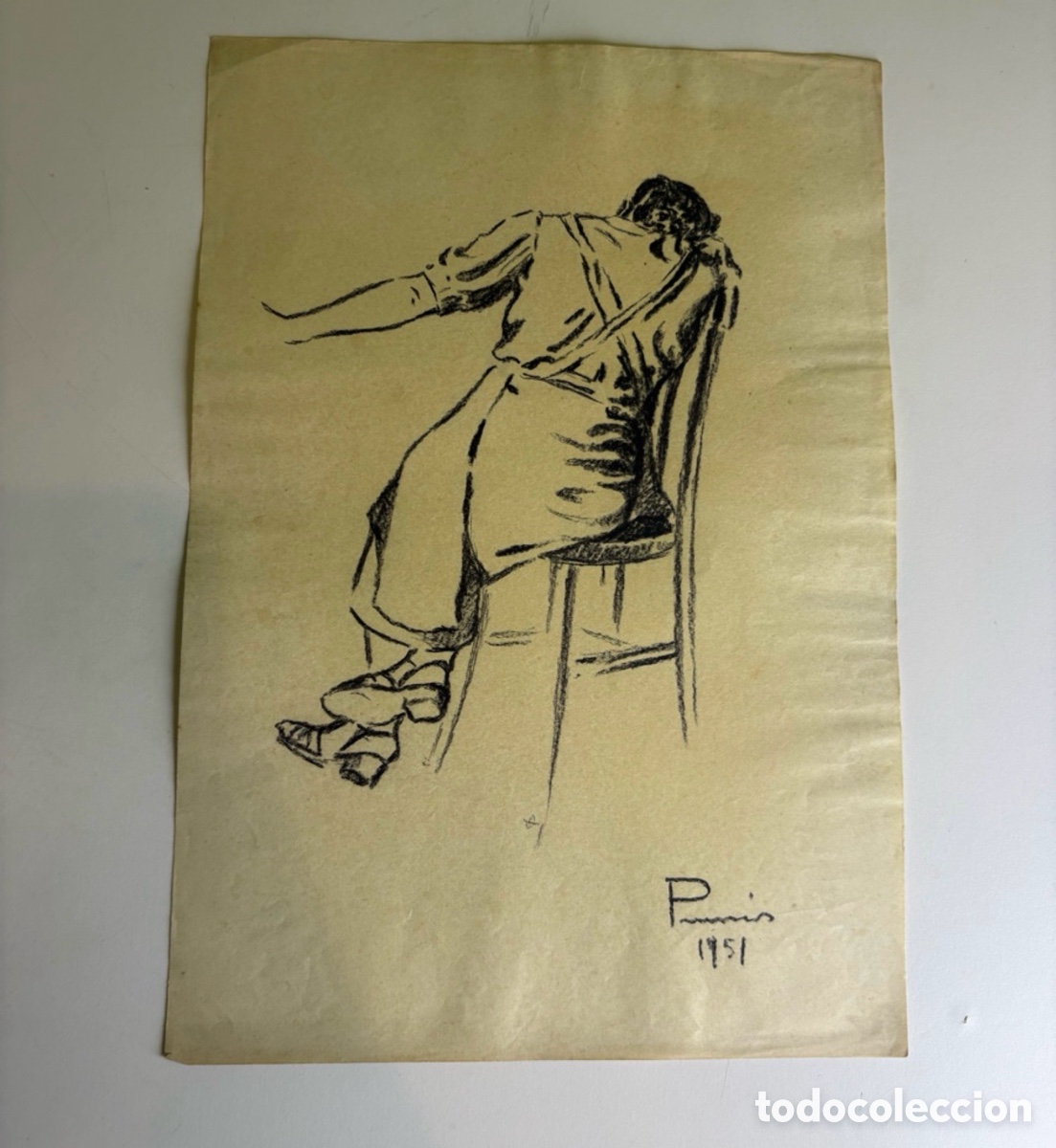 Arte: Carles Prun&eacute;s (1937-2017) &ndash; Dibujo sobre papel, figura femenina de espaldas firmada 1951