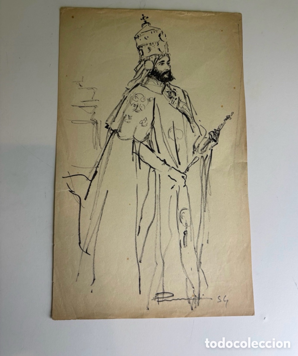 Arte: Carles Prun&eacute;s (1937-2017) &ndash; Dibujo sobre papel, personaje hist&oacute;rico firmado (1954)